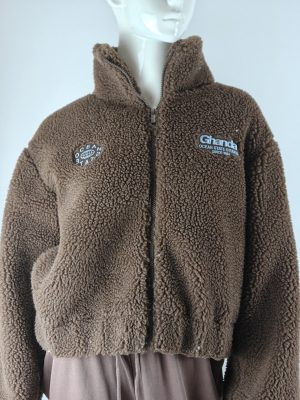 Brown Sherpa Fleece Cropped Zip-Up Hoodie with Embroidered Patches product image