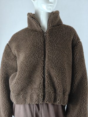 Brown Sherpa Fleece Cropped Zip-Up Hoodie with Embroidered Patches product image