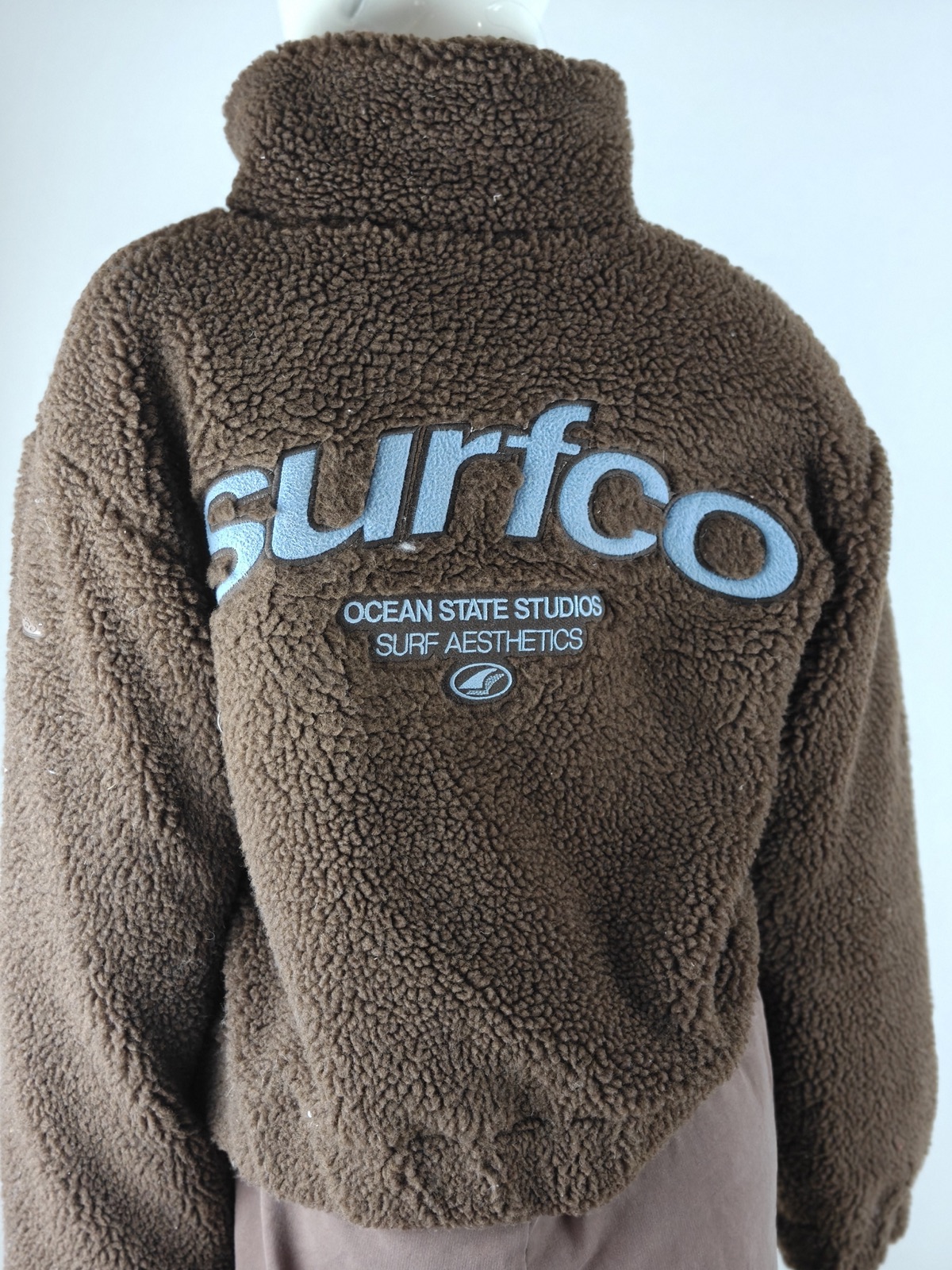 YC-19807-3 Brown Sherpa Fleece Cropped Zip-Up Hoodie with Embroidered Patches product detail