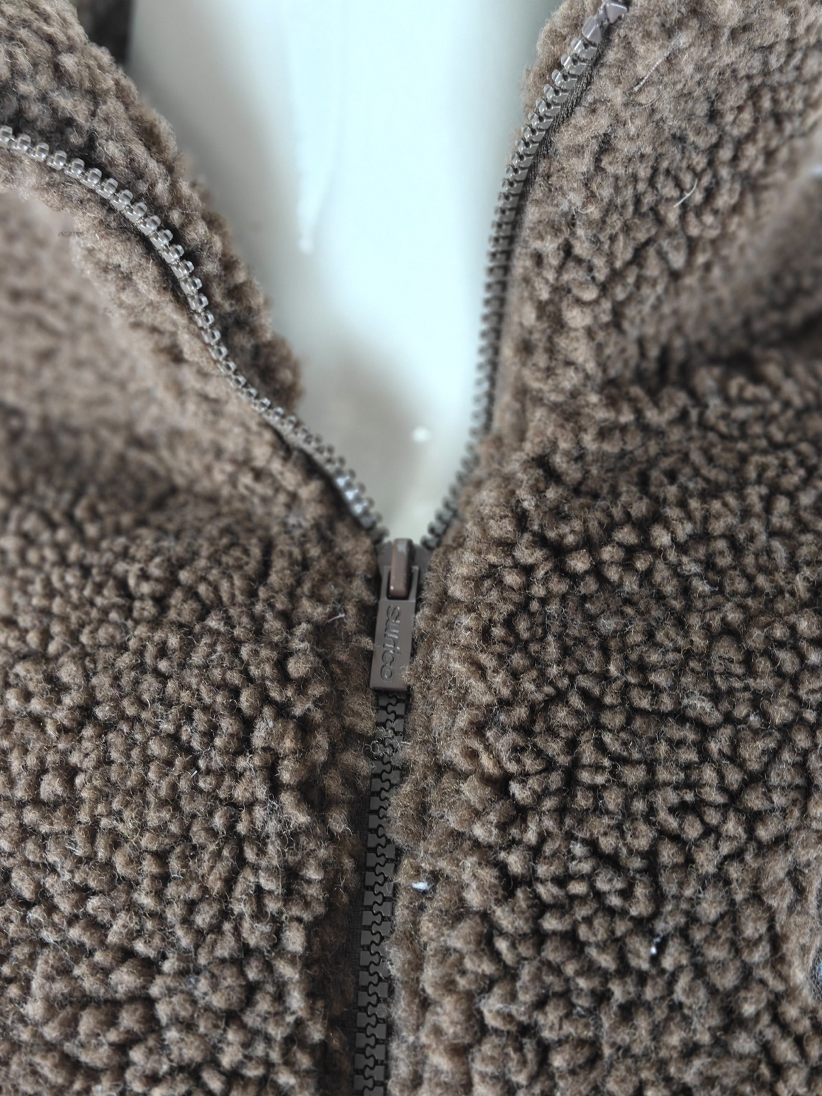 YC-19807-5 Brown Sherpa Fleece Cropped Zip-Up Hoodie with Embroidered Patches product detail