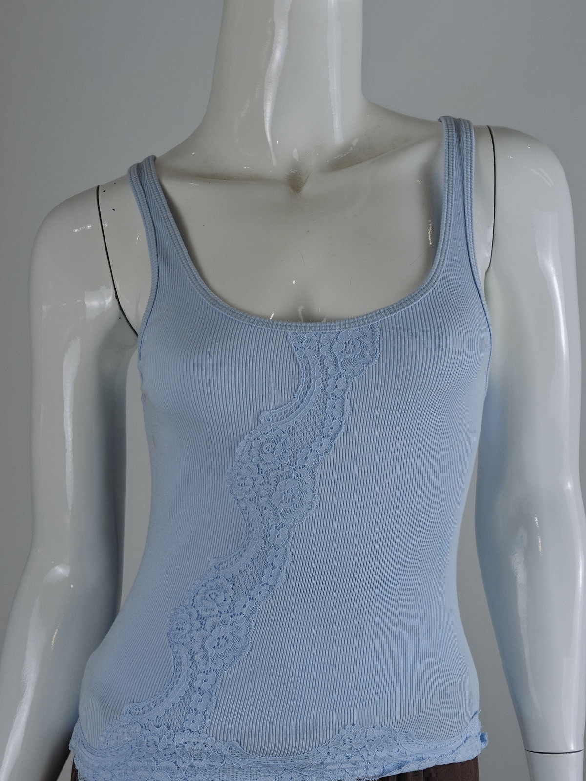 YC-21212-1 Light Blue Ribbed Tank with Lace Trim