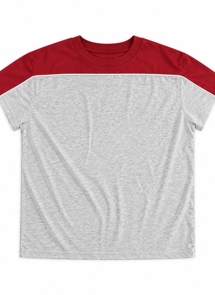 Grey and Red Color-Block Cotton T-Shirt, 235 GSM