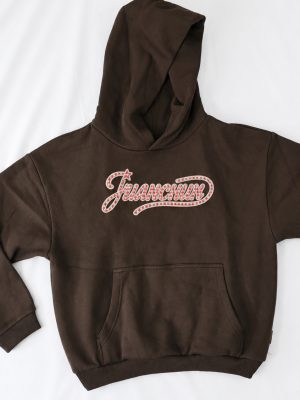 Brown Cropped Hooded Sweatshirt with Letter Print, 390 GSM product image