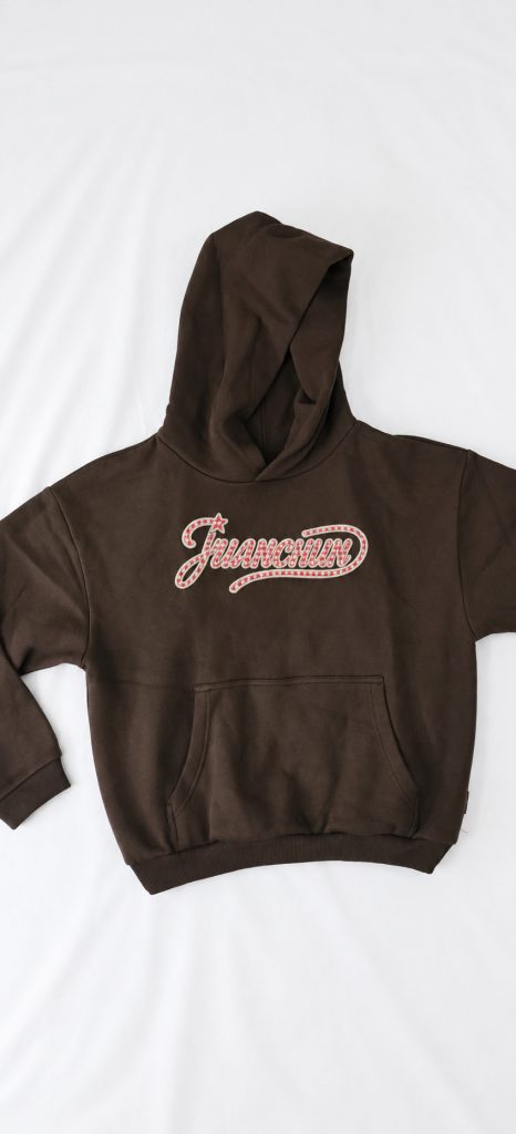 Brown Cropped Hooded Sweatshirt with Letter Print, 390 GSM